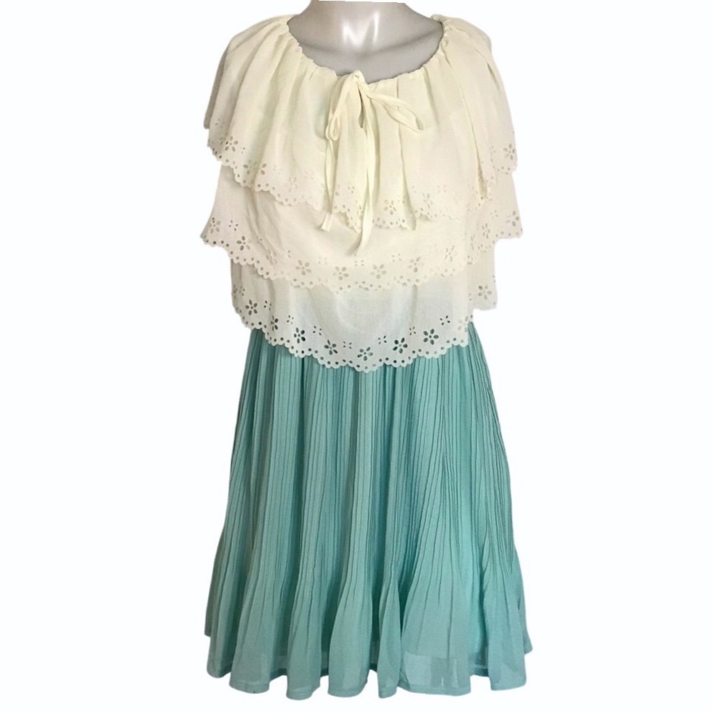 Super Cute! PALE YELLOW & BLUE RUFFLE PLEATED DRESS‎
